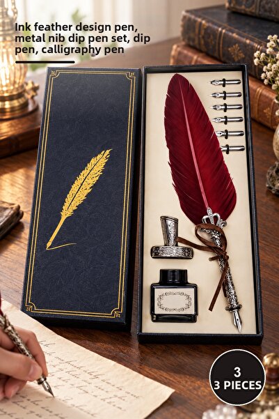 Yenilig 3 Pieces of Dip Pens – Feathered Design Pens with Ink, Metal Nib Dip ...