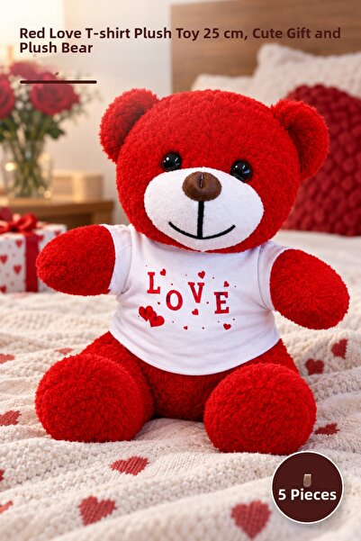 Yenilig 5 Plush Teddy Bears – Plush Toy with Red Love T-Shirt 25 Cm, Cute Gif...