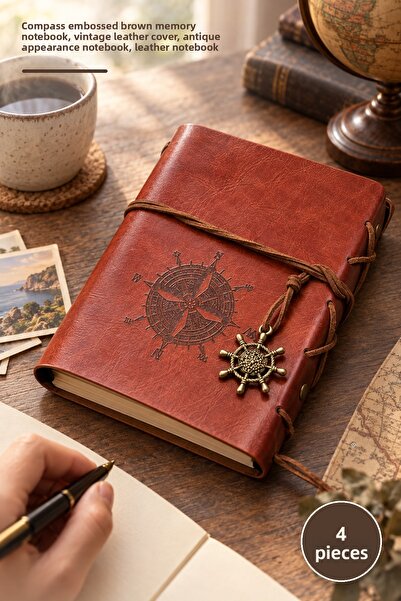 Yenilig 4 Leather Notebooks – Brown Memory Notebook with Compass Print, Faux ...