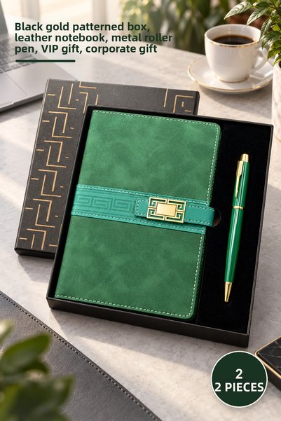 Yenilig 2-Piece Boxed Notebook and Pen Set – Black Gold Patterned Box, Leathe...