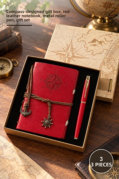 Yenilig 3-Piece Leather Notebook and Pen Set – Compass Design Boxed Gift, Red...