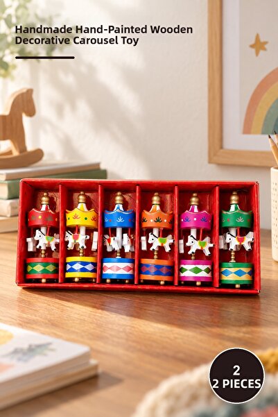 Yenilig 2 Pieces Mini Wooden Carousel – Handmade, Hand-Painted Wooden Ornamen...