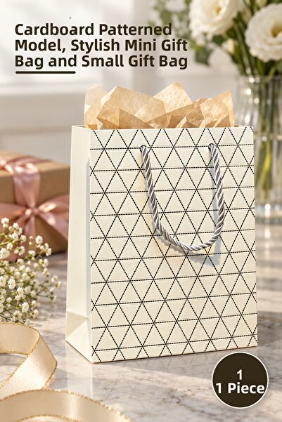 Yenilig 1 Piece Mini Size White Gift Bag – Cardboard Drawstring Patterned Mod...