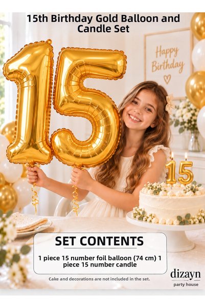 Dizayn Parti Evi 1-20 Years Old Gold Number Foil Balloon and Candle Set 74 cm...