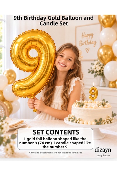 Dizayn Parti Evi 1-20 Years Old Gold Number Foil Balloon and Candle Set 74 cm...