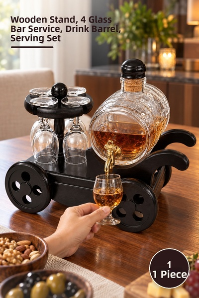 Yenilig 1 Piece Glass Barrel Liquor Serving Set – with Wooden Stand, 4 Glasse...
