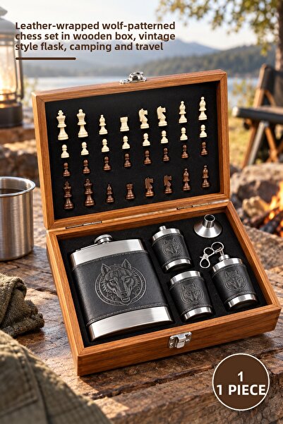 Yenilig 1 Piece Flask Set – Leather Covered with Wolf Pattern, Wooden Box wit...