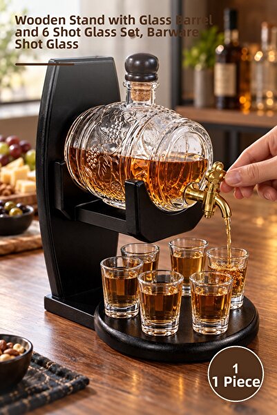Yenilig 1 Piece Liquor Serving Set – Glass Barrel with Wooden Stand and Prese...