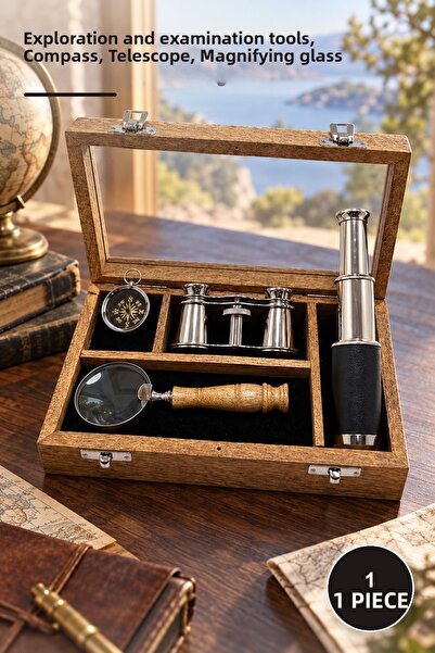 Yenilig 1 Piece Compass, Telescope, and Magnifying Glass Set with Wooden Box ...