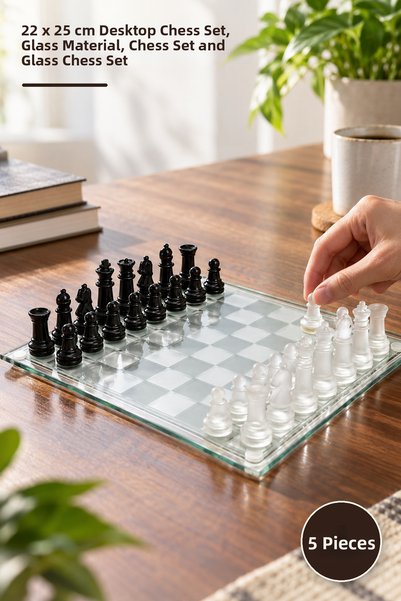 Yenilig 5-Piece Glass Chess Set – 22 X 25 cm Desktop Game Set, Glass Material...