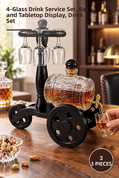 Yenilig 3 Glass Casks with Wooden Stands – Drink Serving Set with 4 Glasses, ...