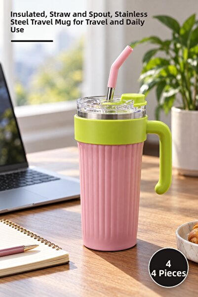 Yenilig 4 Pieces Steel Thermos Mug – Heat Retaining with Handle and Straw, St...