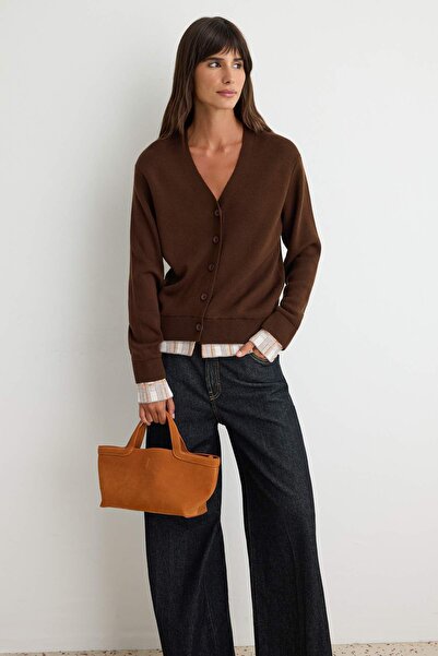 Trendyol Collection Brown Color Block V-Neck Soft Knitwear Cardigan Twoaw27Hi...