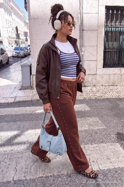Trendyol Curve Brown High Waist Wide Leg Knitted Plus Size Sweatpants Tbbaw27...