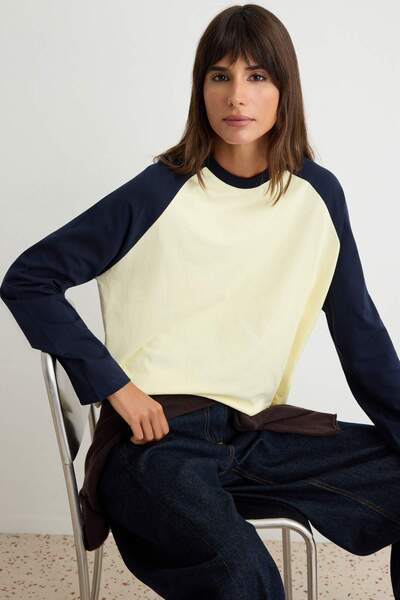 Trendyol Collection Light Yellow 100% Cotton Color Blocked Oversize Baseball ...