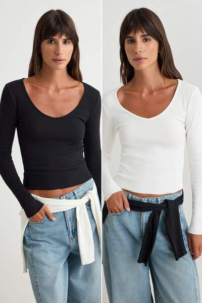 Trendyol Collection Black-White 2-Pack V-Neck Fitted/Fitted Cotton Stretch Kn...