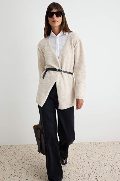 Trendyol Modest Beige Soft Textured Reverse Stitch Detailed Belt Detailed Kni...