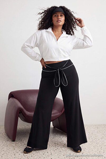 Trendyol Curve Black Piping & Tie Detail Plus Size Knitted Leggings Tbbaw27Bv...