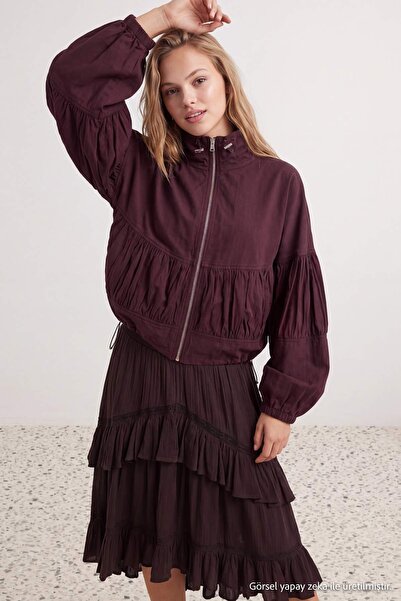 Trendyol Collection Plum Oversize Patterned Drawstring Detailed Slim Jacket C...