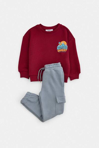TRENDYOLKIDS Burgundy Printed Knitted Bottom - Top Set Tkdaw27Au00053