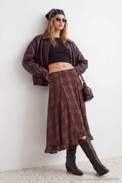 Trendyol Collection Multi-Colored Plaid Patterned A-Line/A-Line Form Ruffle L...