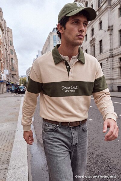 Trendyol Collection بيج بقصة عادية. سويت شيرت بياقة بولو ملونة TMNAW27SW00006