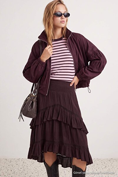 Trendyol Collection Plum Oversize Patterned Drawstring Detailed Slim Jacket C...