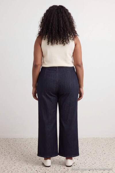 Trendyol Curve Koyu Mavi Dikiş Detaylı Yüksek Bel Ekstra Esnek Wide Leg Jeans...
