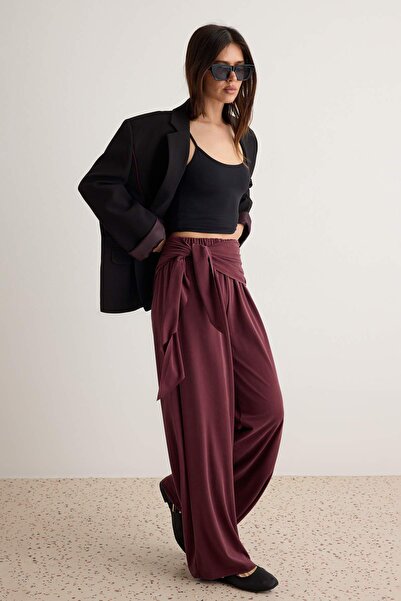 Trendyol Collection بنطلون موردوم بريميوم من الليوسيل صيفي واسع الساق مع حزام...
