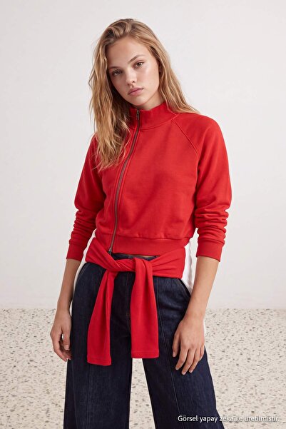 Trendyol Collection Red Asymmetric Zippered Turn-Down Collar Regular Fit Thic...
