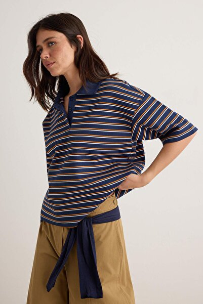 Trendyol Collection Navy Blue Striped Oversize Fit Polo Collar Woven Detailed...