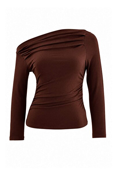 Trendyol Collection Brown Shirring/Drape Detailed Fitted/Fitted Long Sleeve S...