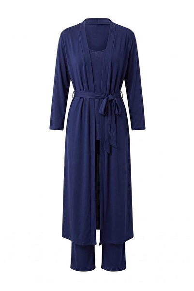 Trendyol Collection Navy Blue 3-Piece Viscose Robe+Undershirt+Pants Knitted P...