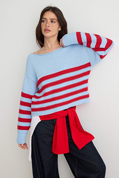 Trendyol Collection More Sustainable Blue Striped Knitwear Sweater Twoaw27Kz0...