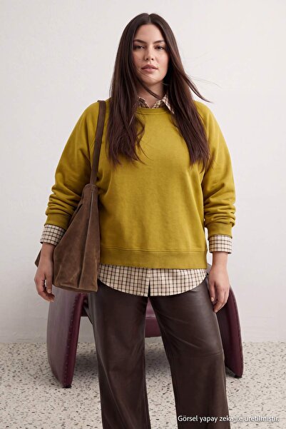 Trendyol Curve Yağ Yeşil Relaxed/Rahat Kalıp Basic Reglan Kol Bisiklet Yaka Ö...