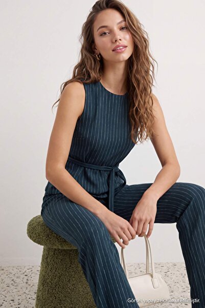 Trendyol Collection Navy Striped Fitted Snap-Fastened Belted Wide-Leg Scuba C...