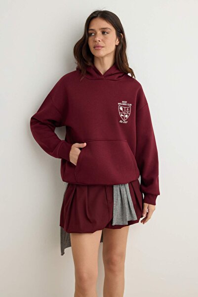 Trendyol Collection Burgundy Embroidered Oversize/Wide Fit Thick Fleece Lined...