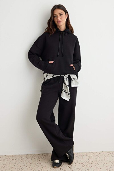Trendyol Collection Black Thick Fleece Inside Hooded Oversize Wideleg/Wide Cu...