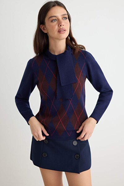 Trendyol Collection Navy Blue Collar Tie Detail Knitwear Sweater Twoaw27Kz00150