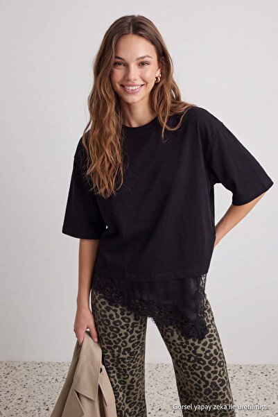 Trendyol Collection Black Oversized /Wide Fit Asymmetrical Lace Detailed 100%...