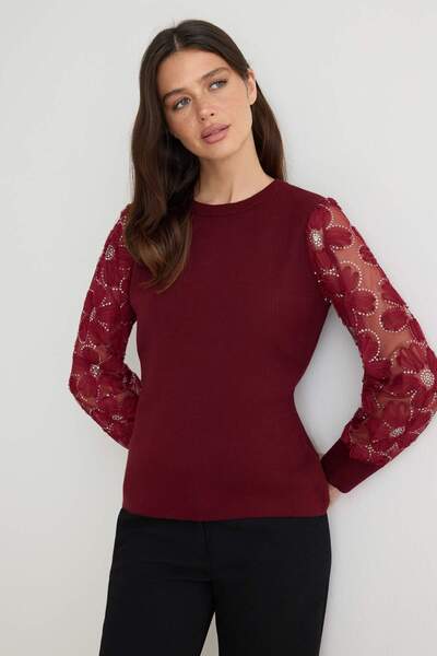Trendyol Collection Burgundy Tulle Garnished Sleeve Detailed Knitwear Sweater...