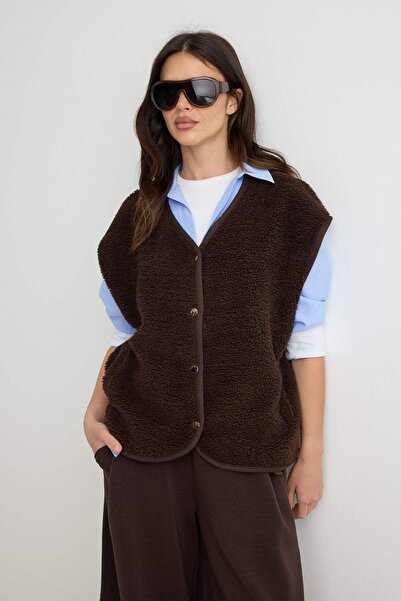 Trendyol Collection Brown Regular/Normal Fit Sleeveless V-Neck Plush Vest Two...