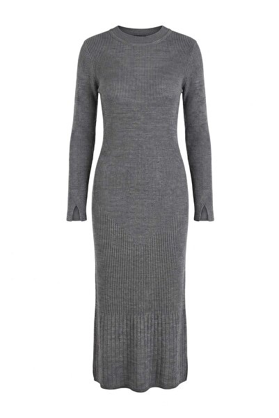 Trendyol Modest Ανθρακί Πλεκτό Φόρεμα Χωρίς Φόδρα, Απλό Πλεκτό, Βασικό Ριμπ Φ...