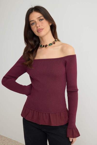 Trendyol Collection Burgundy Pool Collar Woven Garnished Body-Hugging/Fitted ...
