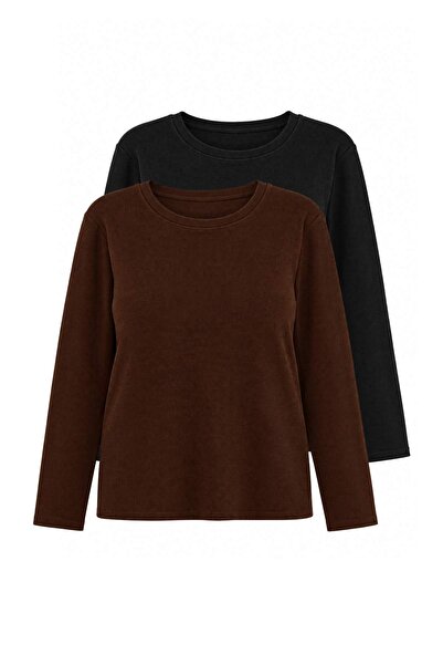 Trendyol Curve Black-Brown 2 Pack Crop Camisole Knitted Plus Size Blouse Tbba...