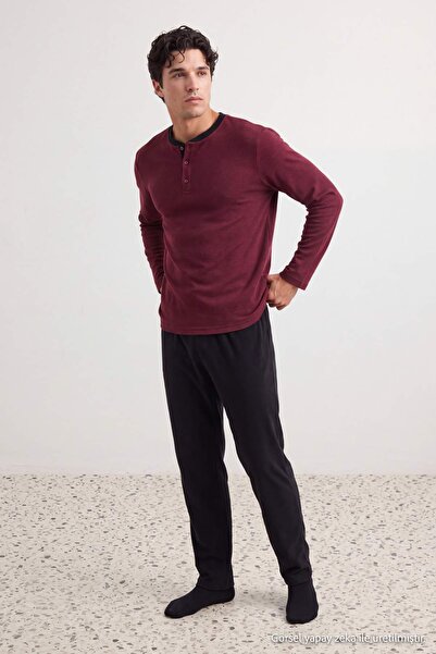TRENDYOL MAN Bordo Regular Yakası Düğmeli Örme Pijama Takımı TMNAW26PT00074TM...