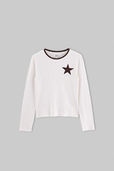 TRENDYOLKIDS Ecru Girls' Printed Ribbed Stretch Knitted T-Shirt Tkdaw27Ts00023