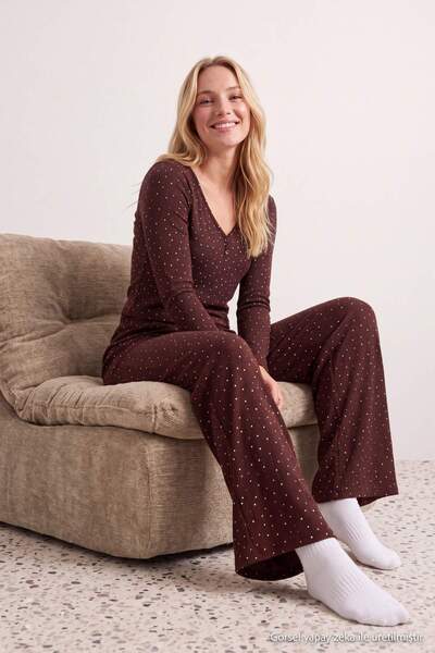 Trendyol Collection Brown 100% Cotton Polka Dot Ribbed/Pointel Knitted Pajama...