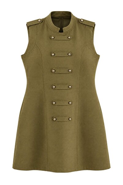 Trendyol Curve Khaki Napoleon Mini Woven Plus Size Dress Tbbaw27Ah00078