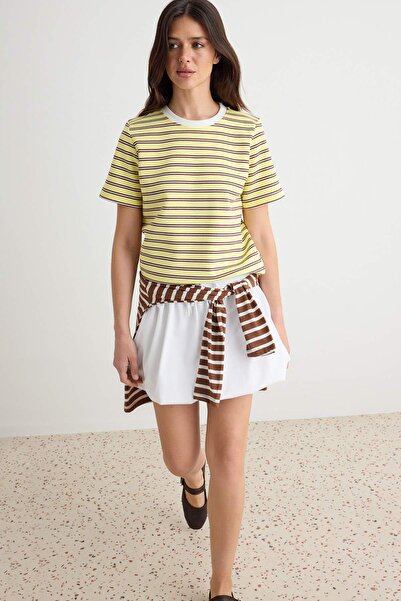 Trendyol Collection Multi-Colored Striped Regular Fit Short Sleeve Tok Interl...